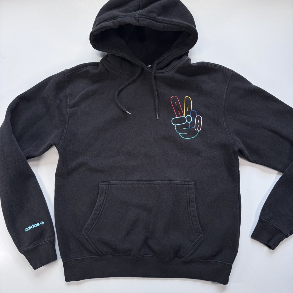 ADIDAS Originals OG Peace Sign‎ Pullover Hoodie Adult Medium Black Colorful Logo